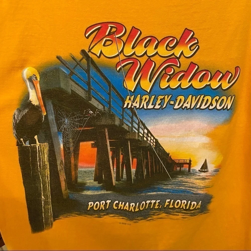 HARLEY-DAVIDSON 2009 Graphic Black Widow Florida Yellow T-Shirt Size Medium